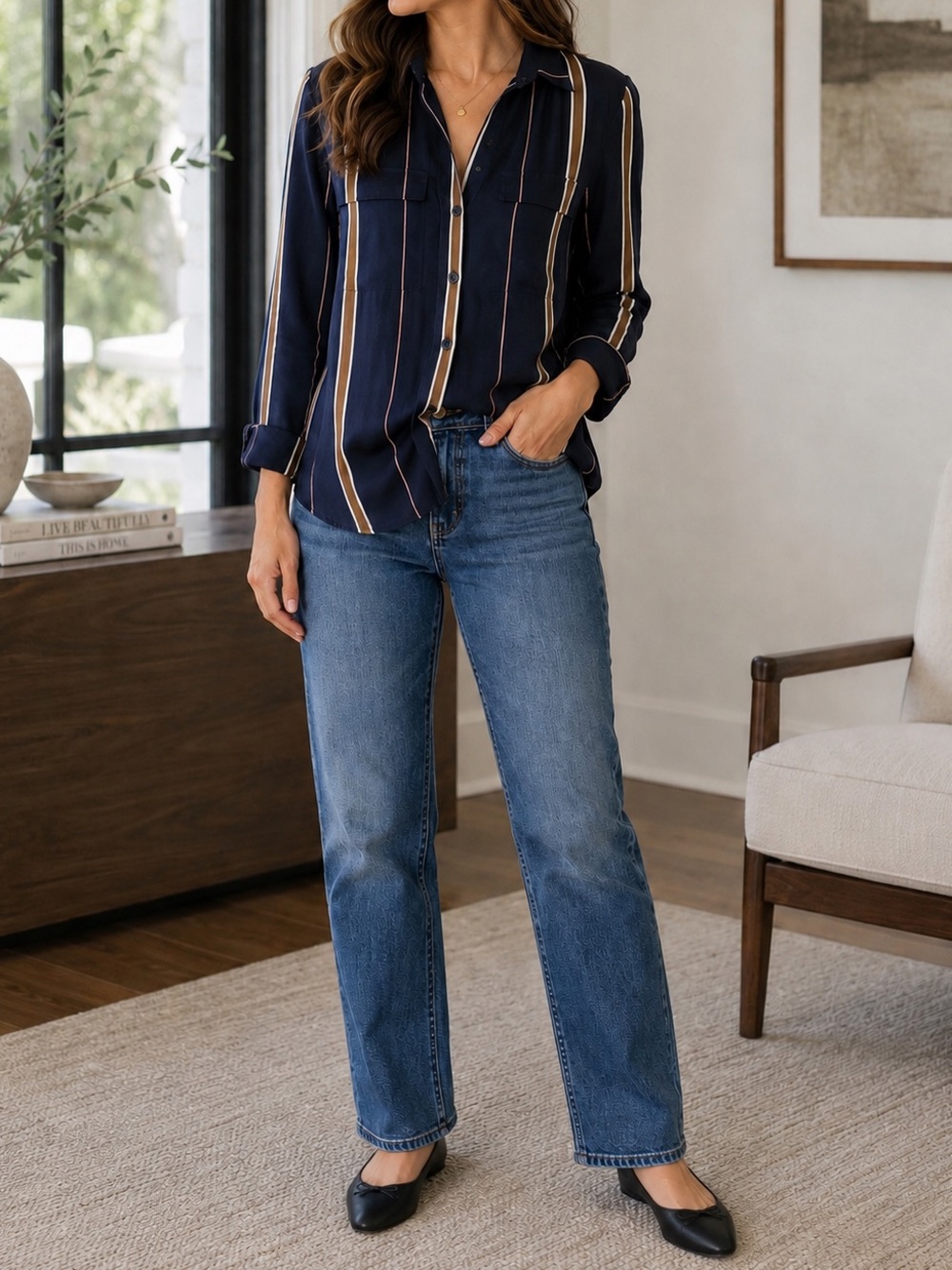 Ann Taylor Navy Blue White Tan Striped Long Sleeve Blouse Popover Small